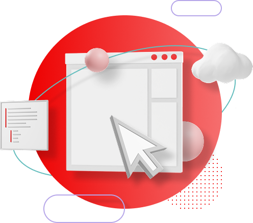 A woman sits cross-legged on a low office chair, smiling at the screen of the black laptop on her knee. floating graphics surround her head: a cloud, a stylized representation of a website